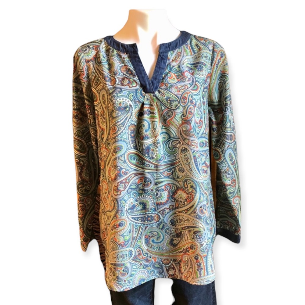 3/$20 LIZ CLAIBORNE Paisley Top Chambray Dressy Blouse Long Sleeve Blue Green M